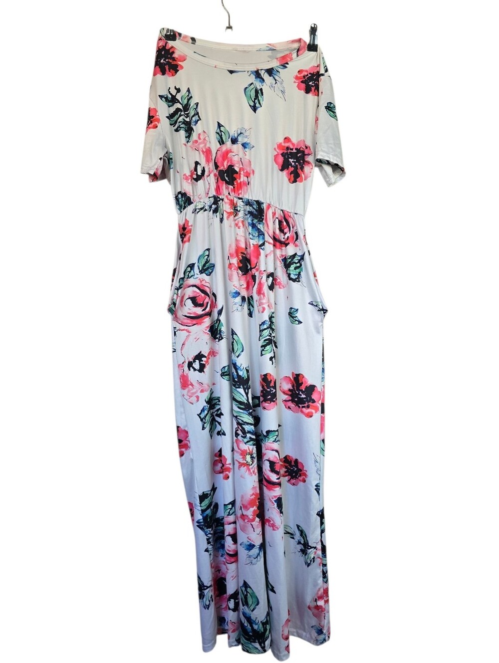 Floral White Maxi Dress with Pink Rose Print